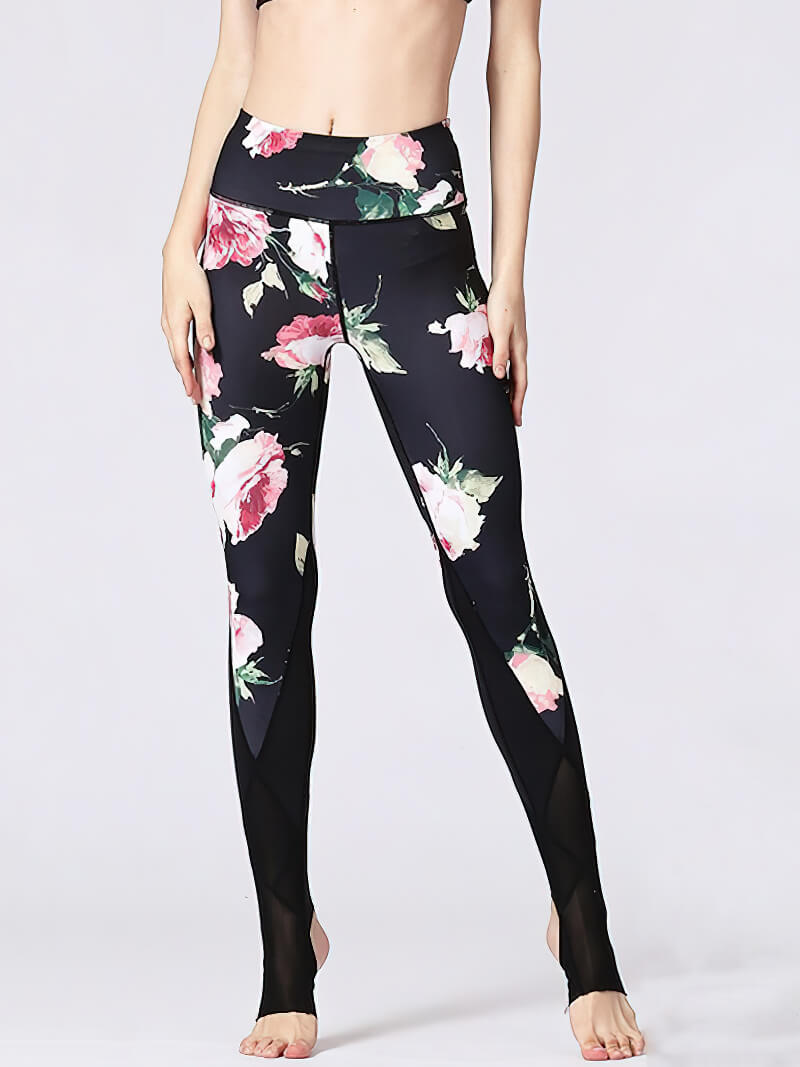 Women's floral printed yoga leggings with open heels, perfect for fitness and dance. SF1184 design. Slim fit and breathable fabric.